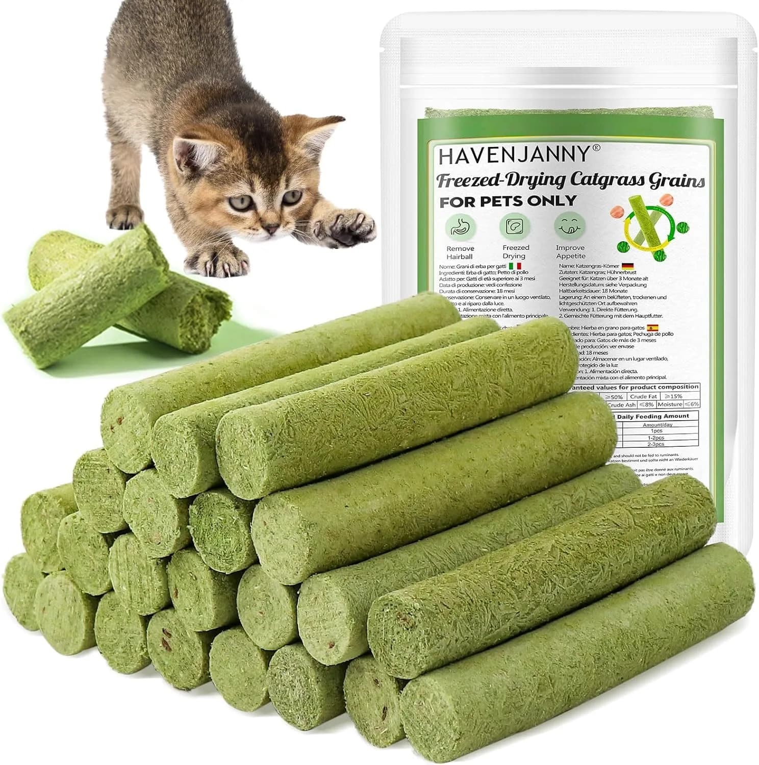 HavenJanny Cat Grass Teething Stick 100g (3.52 oz) | Chicken Flavor for Dental Health & Hairball Control — Cat Grass
