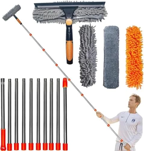 Tonmp 20 ft+ Reach Window Cleaner Duster Kit with 14 ft Extension Pole & 3 Pads | Cleans High Windows Safely thumbnail 1