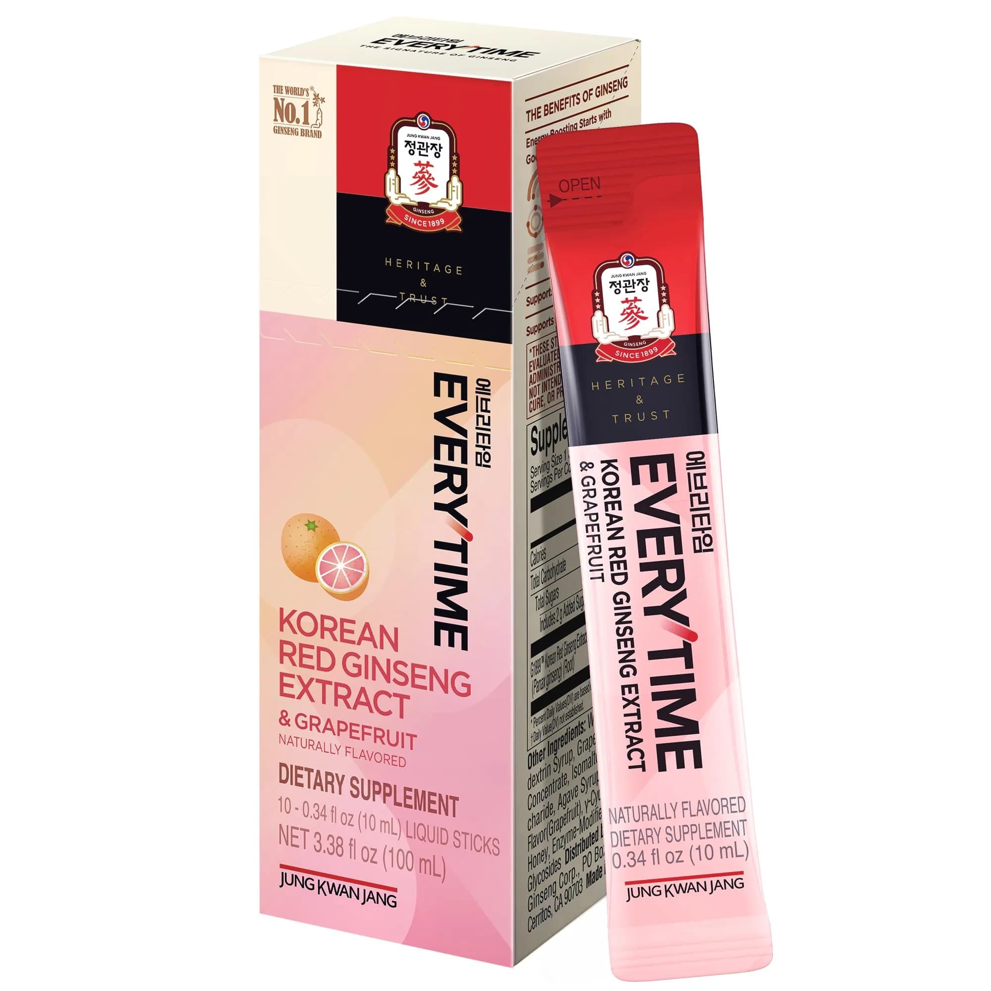 JUNG KWAN JANG Everytime Korean Red Ginseng Extract & Grapefruit 10 Sticks | Vegan Ginseng Root Energy Drink Support — Grapefruit