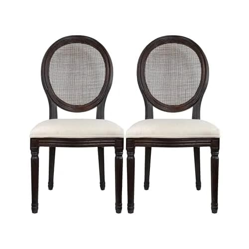 2xhome Set of 2 French Country Dining Chairs | Linen Upholstered Fabric | Rustic Wooden Frame thumbnail 1