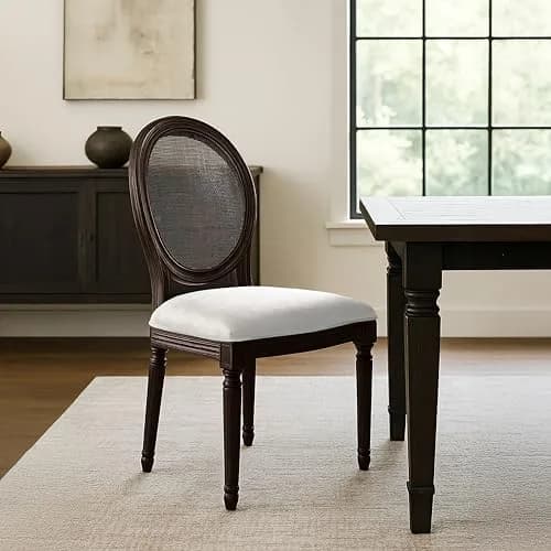 2xhome Set of 2 French Country Dining Chairs | Linen Upholstered Fabric | Rustic Wooden Frame thumbnail 2