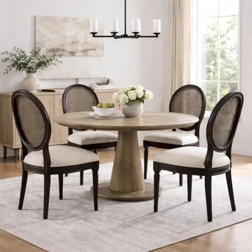 2xhome Set of 2 French Country Dining Chairs | Linen Upholstered Fabric | Rustic Wooden Frame thumbnail 3