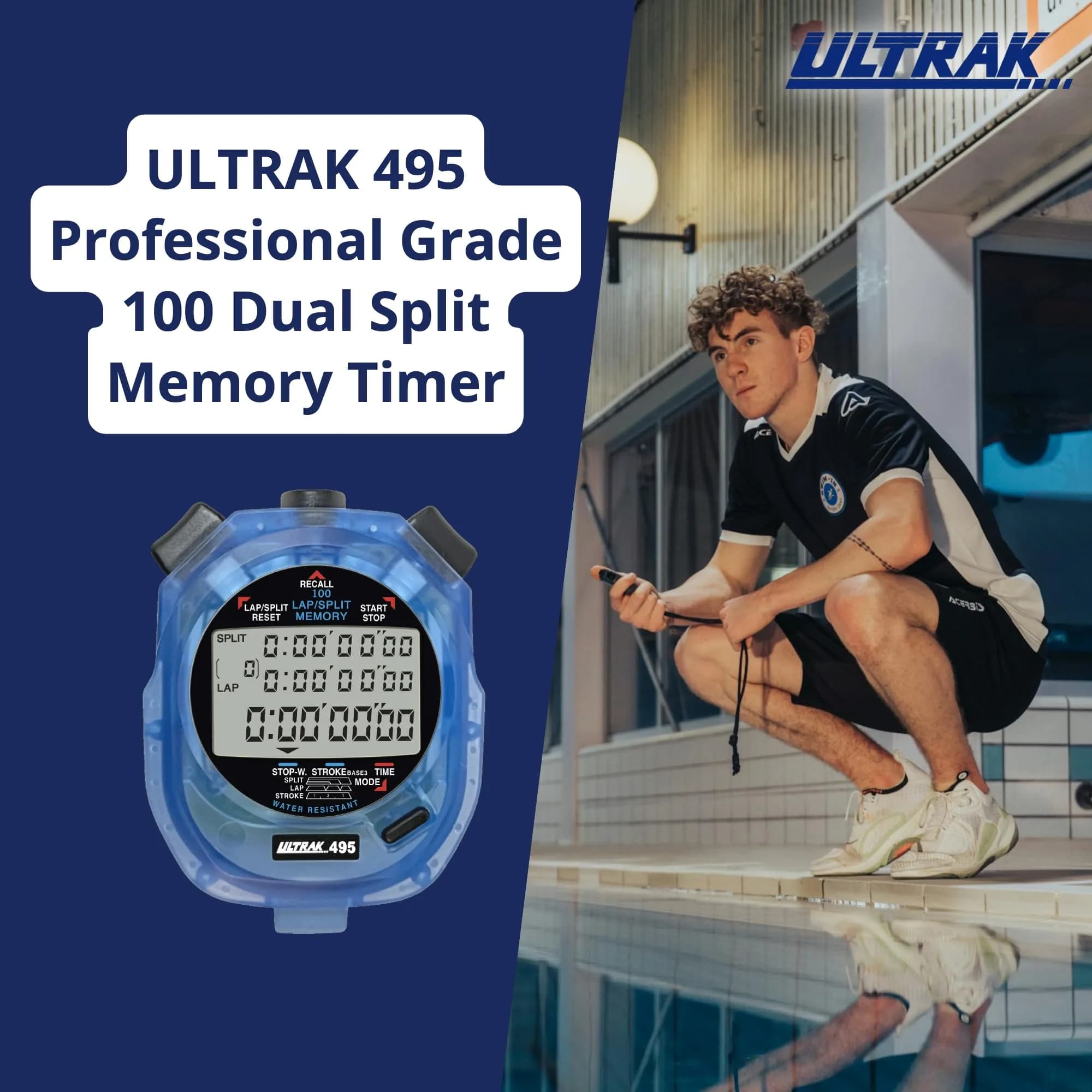 ULTRAK 495 Stopwatch – Blue Professional 100-Lap Digital Timer, Countdown Interval Tracker, Water-Resistant Sports Watch, Chronograph (1 Unit) - view 2