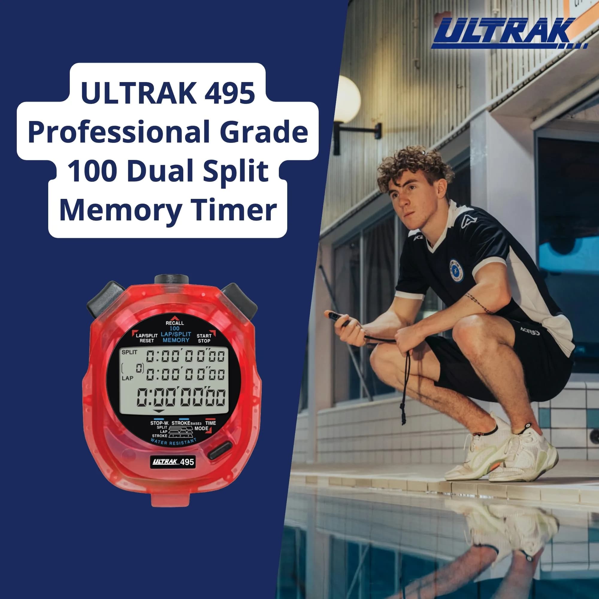 ULTRAK 495 Professional Stopwatch – Red 100-Lap Digital Timer with Interval Tracker | 100 Lap Memory - view 2