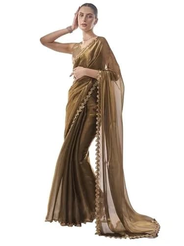 ORHANS Peach Organza Crush Pattern Saree With Art Silk Sequence Work Golden Unstitched Blouse Piece, Free Size | 5.5m Saree + 0.8m Blouse thumbnail 1