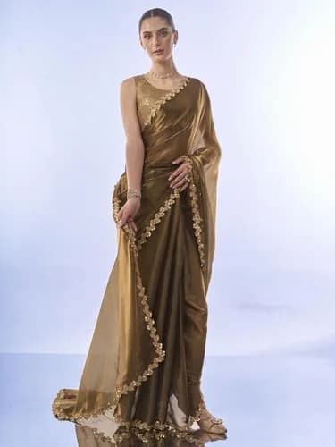 ORHANS Peach Organza Crush Pattern Saree With Art Silk Sequence Work Golden Unstitched Blouse Piece, Free Size | 5.5m Saree + 0.8m Blouse thumbnail 4