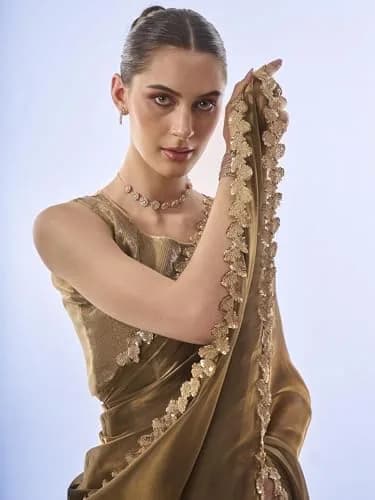 ORHANS Peach Organza Crush Pattern Saree With Art Silk Sequence Work Golden Unstitched Blouse Piece, Free Size | 5.5m Saree + 0.8m Blouse thumbnail 5