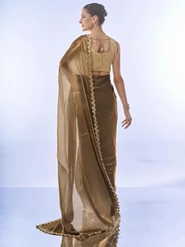 ORHANS Peach Organza Crush Pattern Saree With Art Silk Sequence Work Golden Unstitched Blouse Piece, Free Size | 5.5m Saree + 0.8m Blouse thumbnail 6