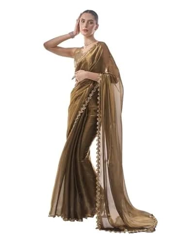 ORHANS Peach Organza Crush Pattern Saree With Art Silk Sequence Work Golden Unstitched Blouse Piece, Free Size | 5.5m Saree + 0.8m Blouse thumbnail 7