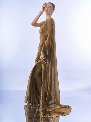 ORHANS Peach Organza Crush Pattern Saree With Art Silk Sequence Work Golden Unstitched Blouse Piece, Free Size | 5.5m Saree + 0.8m Blouse thumbnail 2