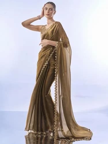 ORHANS Peach Organza Crush Pattern Saree With Art Silk Sequence Work Golden Unstitched Blouse Piece, Free Size | 5.5m Saree + 0.8m Blouse thumbnail 3