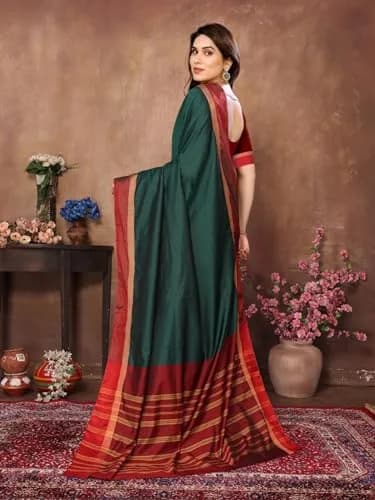 VJ FASHION Kerala Silk Blend Saree With Blouse Piece, Green 5.5m (18.04 ft) | Festive Wear thumbnail 4