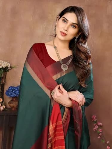 VJ FASHION Kerala Silk Blend Saree With Blouse Piece, Green 5.5m (18.04 ft) | Festive Wear thumbnail 5