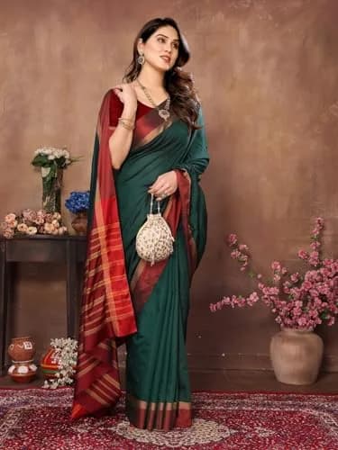 VJ FASHION Kerala Silk Blend Saree With Blouse Piece, Green 5.5m (18.04 ft) | Festive Wear thumbnail 6