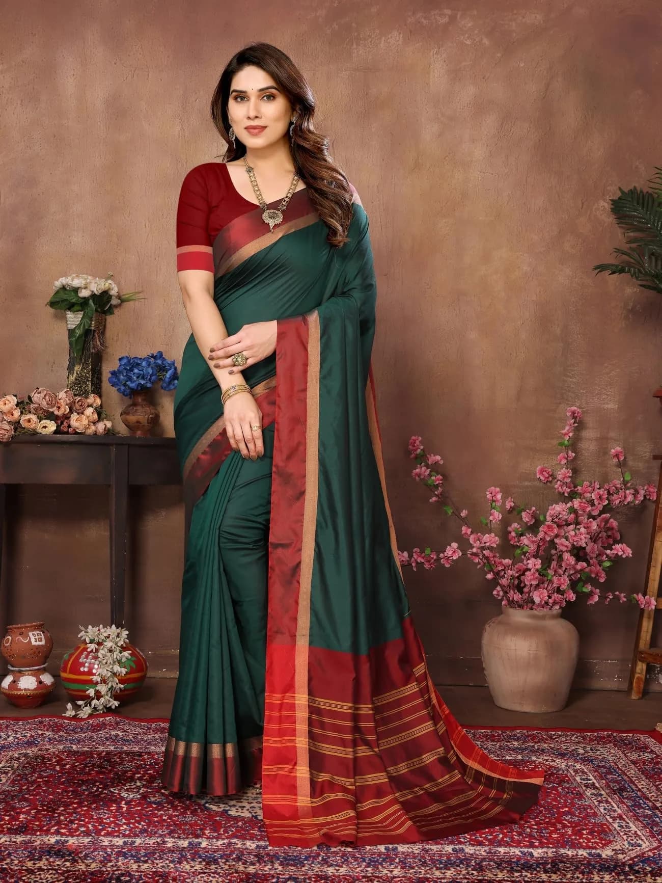 VJ FASHION Kerala Silk Blend Saree With Blouse Piece, Green 5.5m (18.04 ft) | Festive Wear - view 2