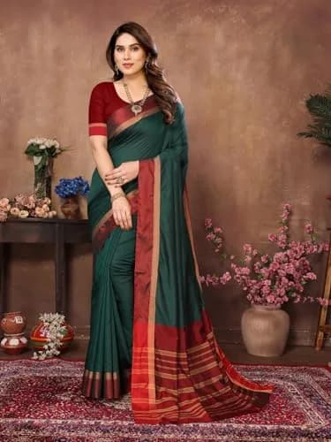 VJ FASHION Kerala Silk Blend Saree With Blouse Piece, Green 5.5m (18.04 ft) | Festive Wear thumbnail 2