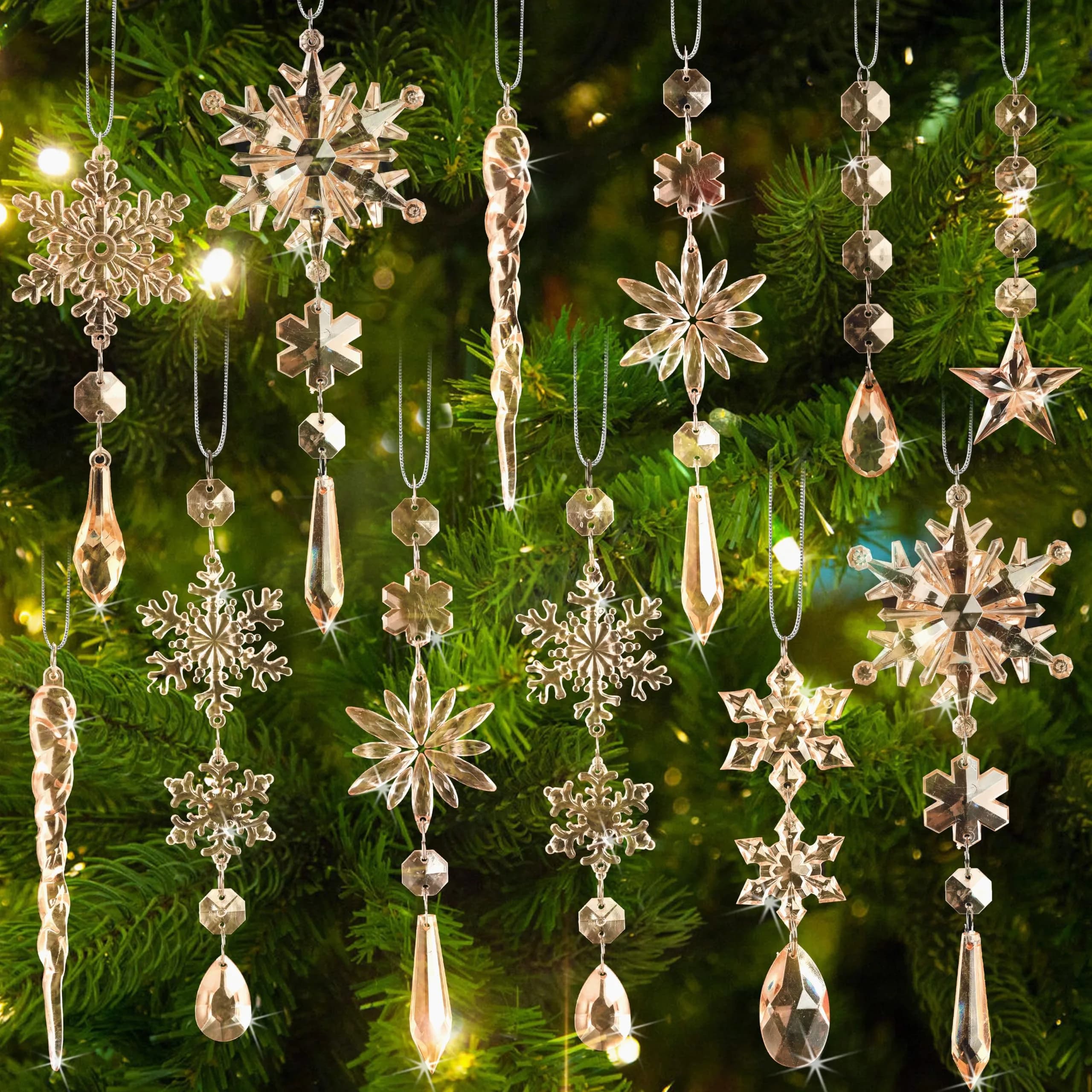 GuassLee Crystal Ornaments for Christmas Tree Winter Wonderland Decorations 20 pcs (0.222 kg) | Sparkling Champagne Acrylic Icicle & Snowflake Drops