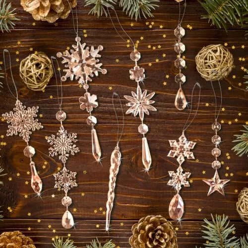 GuassLee Crystal Ornaments for Christmas Tree Winter Wonderland Decorations 20 pcs (0.222 kg) | Sparkling Champagne Acrylic Icicle & Snowflake Drops thumbnail 6