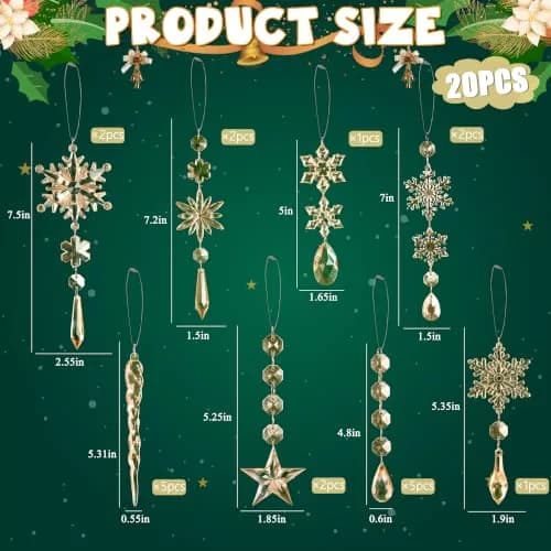 GuassLee Crystal Ornaments for Christmas Tree Winter Wonderland Decorations 20 pcs (0.222 kg) | Sparkling Champagne Acrylic Icicle & Snowflake Drops thumbnail 2