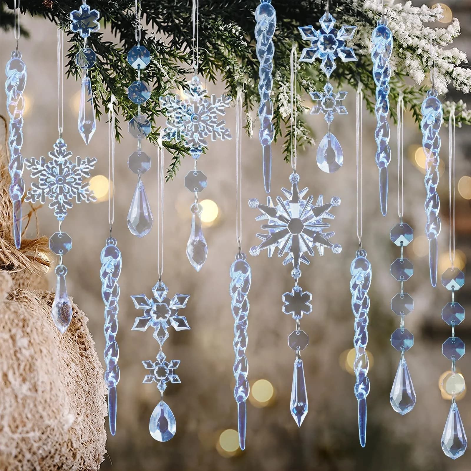 GuassLee Crystal Ornaments for Christmas Tree Winter Wonderland Decorations 20 pcs (0.23 kg) | Shatterproof Acrylic Hanging Pendants — Blue Acrylic Snowflake Ornament