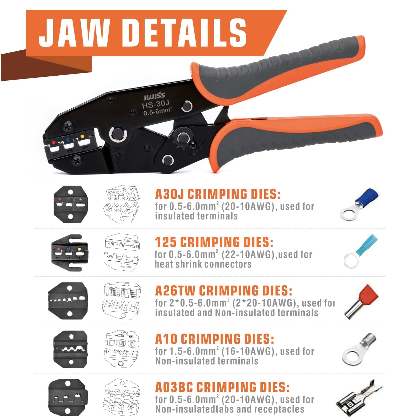 IWISS Ratchet Wire Crimping Tool Set with 5 Jaws & Wire Stripper | AWG 20-10 Crimping Pliers for Insulated & Non-Insulated Terminals - view 3