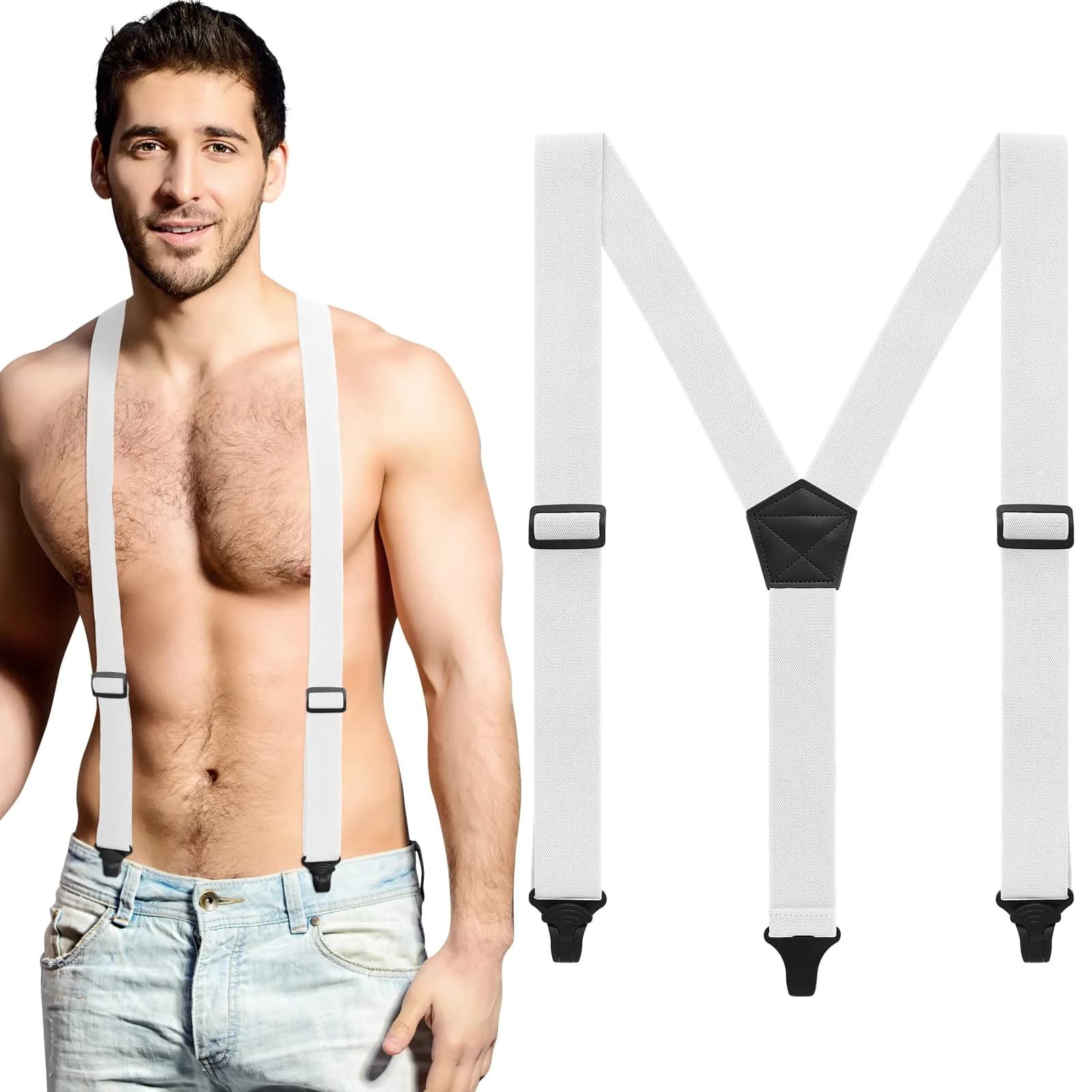 Jiuguva Men's Hidden Undershirt Suspenders Y-Style 3.8cm (1.5in) White | Airport Friendly Plastic Clip — White