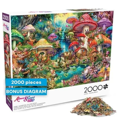 Buffalo Games Aimee Stewart Merry Mushroom Village Picnic 2000 Piece Puzzle | Vibrant Fantasy Scene for Adults thumbnail 1