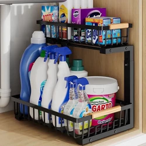 Hahaemall Under Sink Organizer Storage 1 Pack | Sliding 2 Tier Metal Rack for Kitchen & Bathroom thumbnail 1
