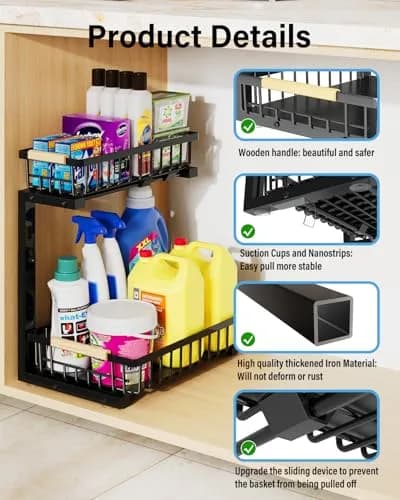 Hahaemall Under Sink Organizer Storage 1 Pack | Sliding 2 Tier Metal Rack for Kitchen & Bathroom thumbnail 4