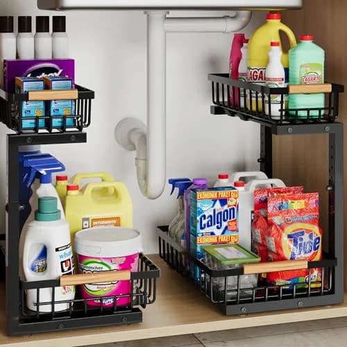 Hahaemall Under Sink Organizer Storage for Families | 2 Pack Metal Drawer Cabinet (15.3x11.6x17 in) thumbnail 1