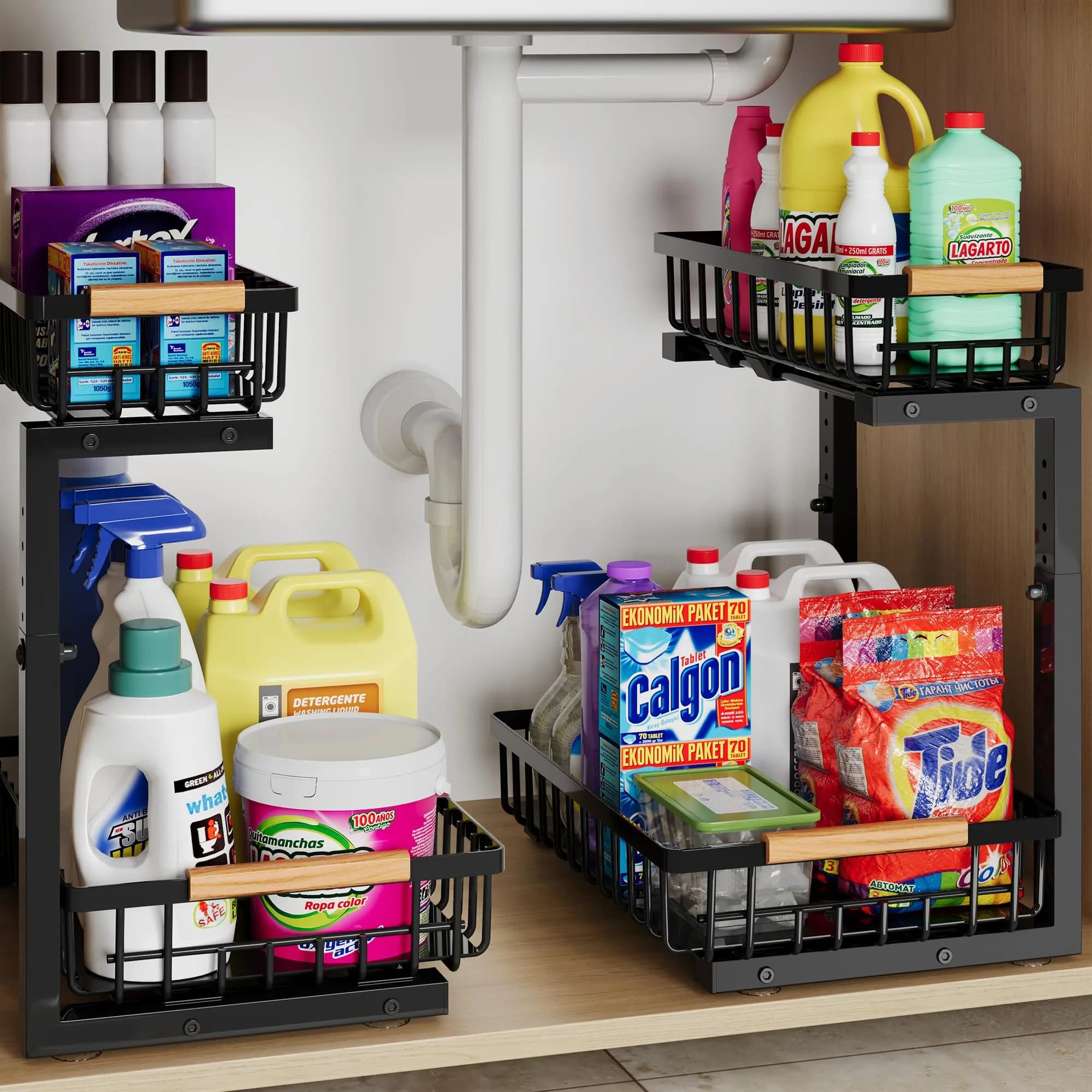 Hahaemall Under Sink Organizer Storage for Families | 2 Pack Metal Drawer Cabinet (15.3x11.6x17 in) — Black