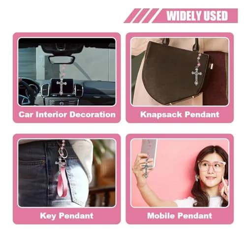 smilfuy Pink 2PCS Car Rosary Hanging Ornament with Alloy Cross & Faux Pearl Beads | 52.8cm (20.75in) thumbnail 4