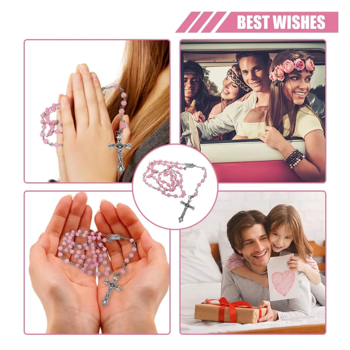 smilfuy Pink 2PCS Car Rosary Hanging Ornament with Alloy Cross & Faux Pearl Beads | 52.8cm (20.75in) - view 6
