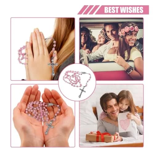 smilfuy Pink 2PCS Car Rosary Hanging Ornament with Alloy Cross & Faux Pearl Beads | 52.8cm (20.75in) thumbnail 6