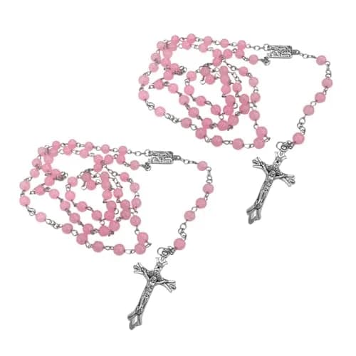 smilfuy Pink 2PCS Car Rosary Hanging Ornament with Alloy Cross & Faux Pearl Beads | 52.8cm (20.75in) thumbnail 1