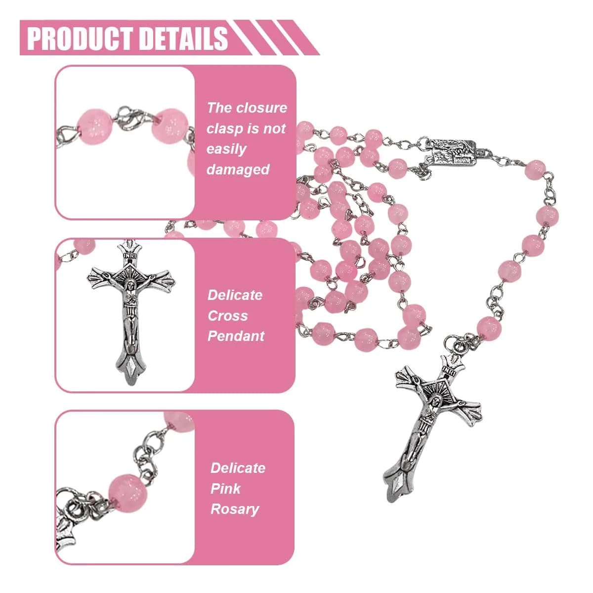 smilfuy Pink 2PCS Car Rosary Hanging Ornament with Alloy Cross & Faux Pearl Beads | 52.8cm (20.75in) - view 3