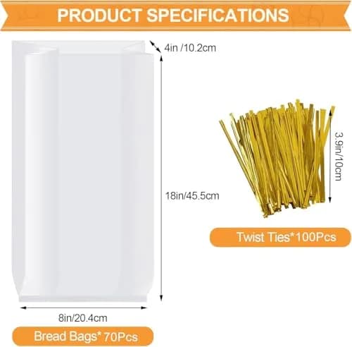 vivinin Bread Bags & Ties 70 Pack | Clear, Moisture-Proof, Reusable (8" x 4" x 18") thumbnail 2