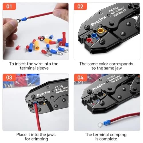 Preciva Ratcheting Wire Terminal Crimper Kit AWG20-10 (0.5-6mm²) with 400 Insulated Connectors | Professional Electrical Tool thumbnail 5
