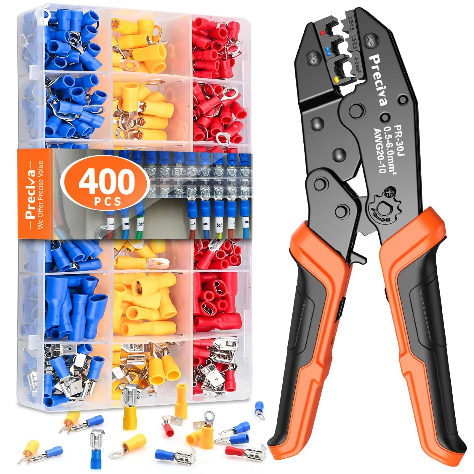 Preciva Ratcheting Wire Terminal Crimper Kit AWG20-10 (0.5-6mm²) with 400 Insulated Connectors | Professional Electrical Tool - main product image