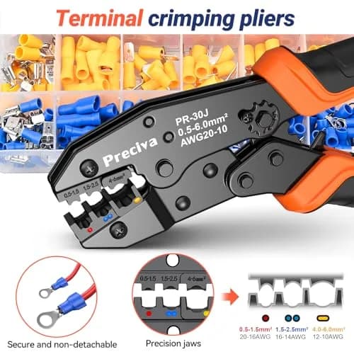Preciva Ratcheting Wire Terminal Crimper Kit AWG20-10 (0.5-6mm²) with 400 Insulated Connectors | Professional Electrical Tool thumbnail 2