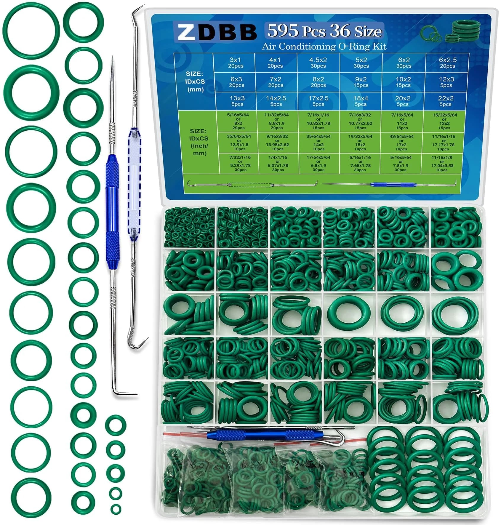ZDBB 595 Pcs Green Automotive AC O-Ring Kit for Air Conditioning & Plumbing - main product image