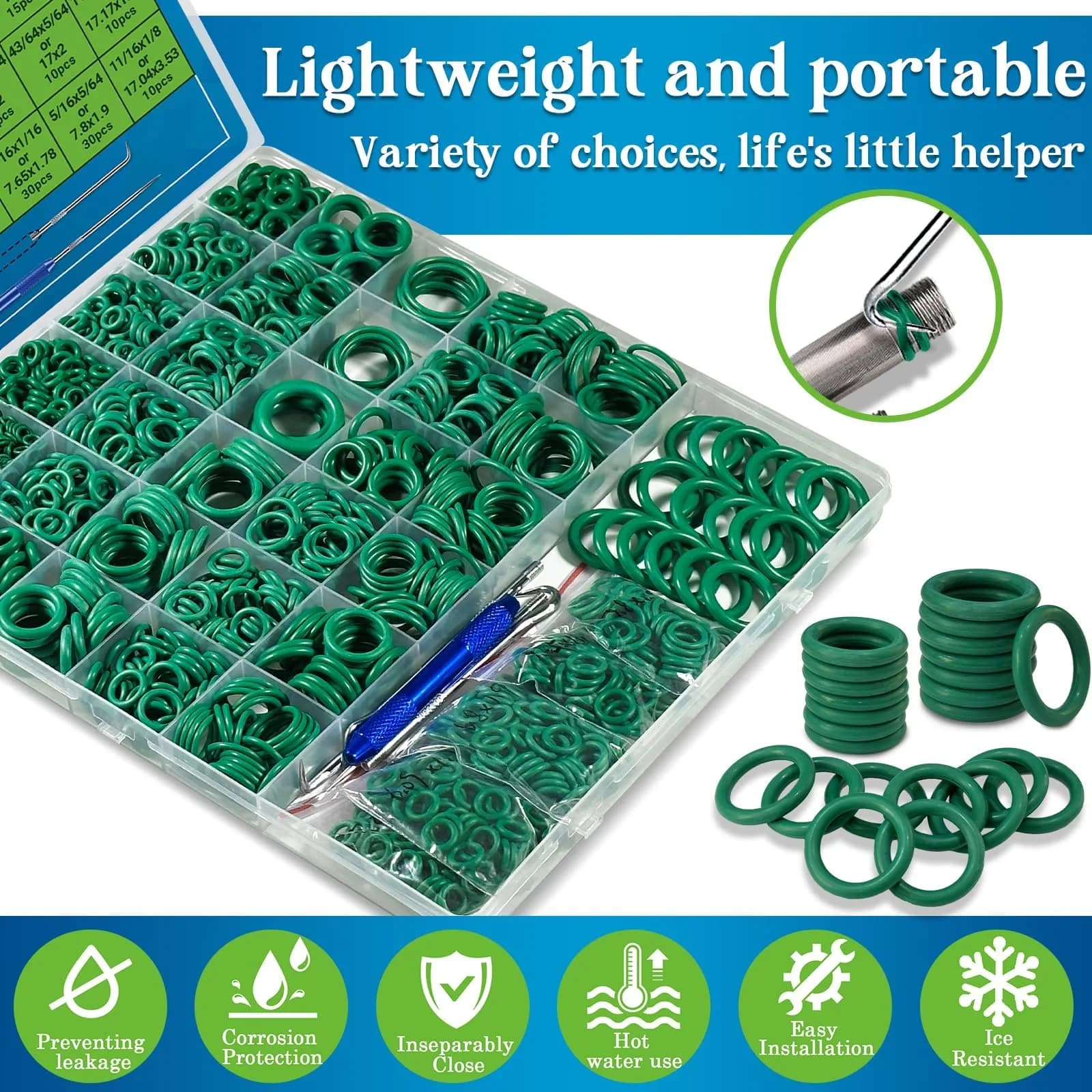 ZDBB 595 Pcs Green Automotive AC O-Ring Kit | Nitrile Rubber (NBR 70) for Car AC, Faucets & Plumbing - view 3