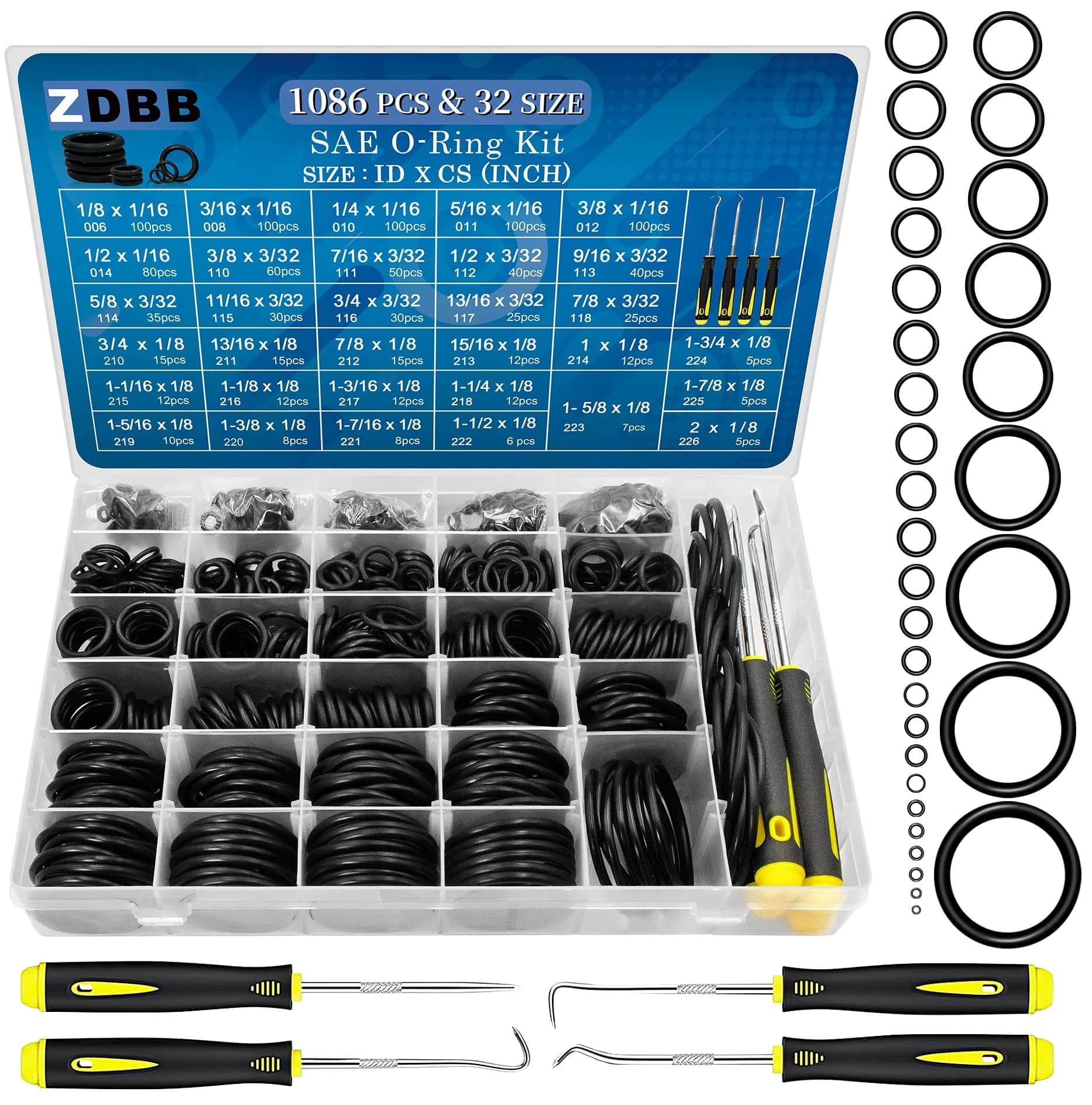 ZDBB 1086 Pcs SAE Nitrile Rubber O-Ring Kit with Pick Tool | 32 Sizes Inch ID: 1/8”-2”, Width: 1/16"-1/8" - main product image