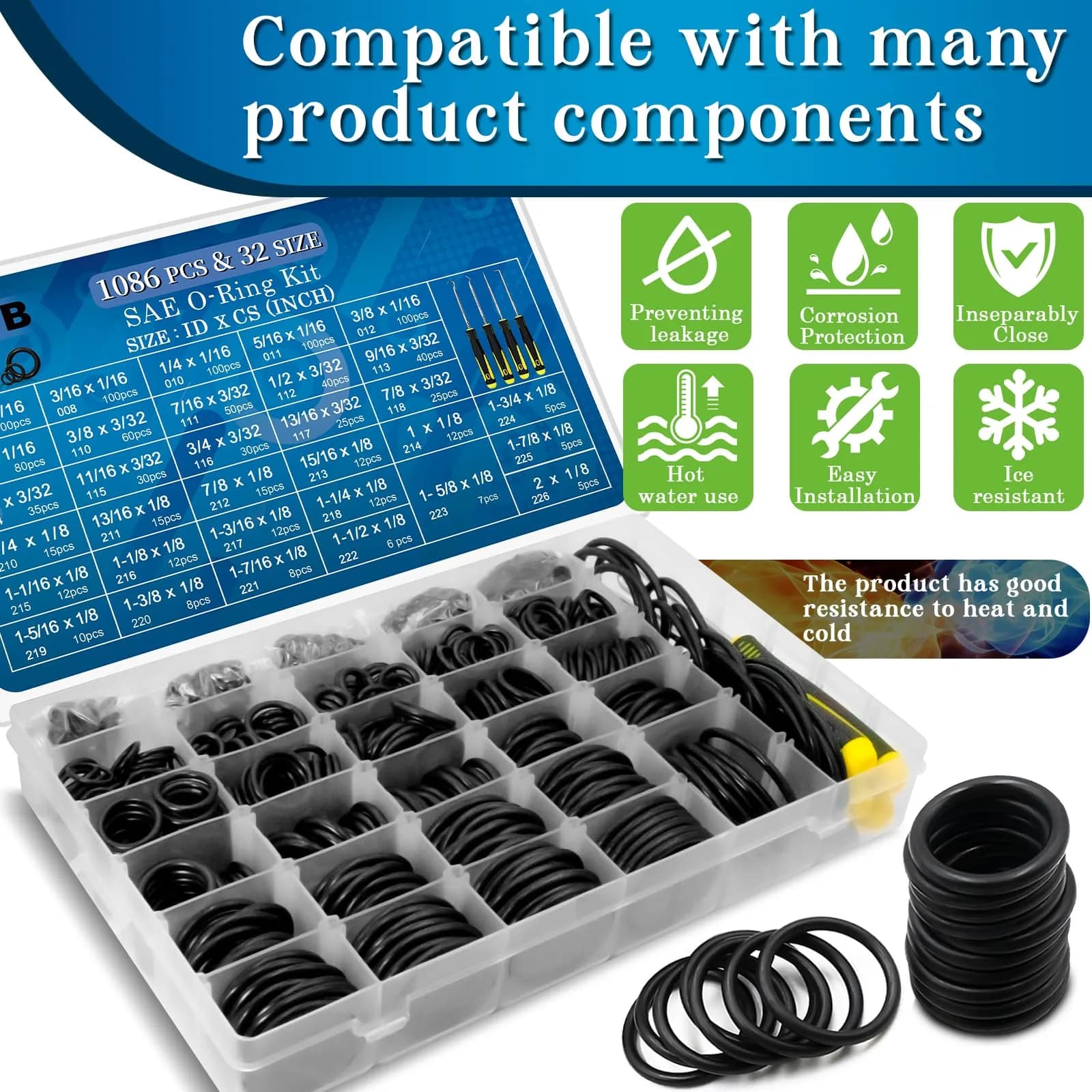 ZDBB 1086 Pcs SAE Nitrile Rubber O-Ring Kit with Pick Tool | 32 Sizes Inch ID: 1/8”-2”, Width: 1/16"-1/8" - view 5