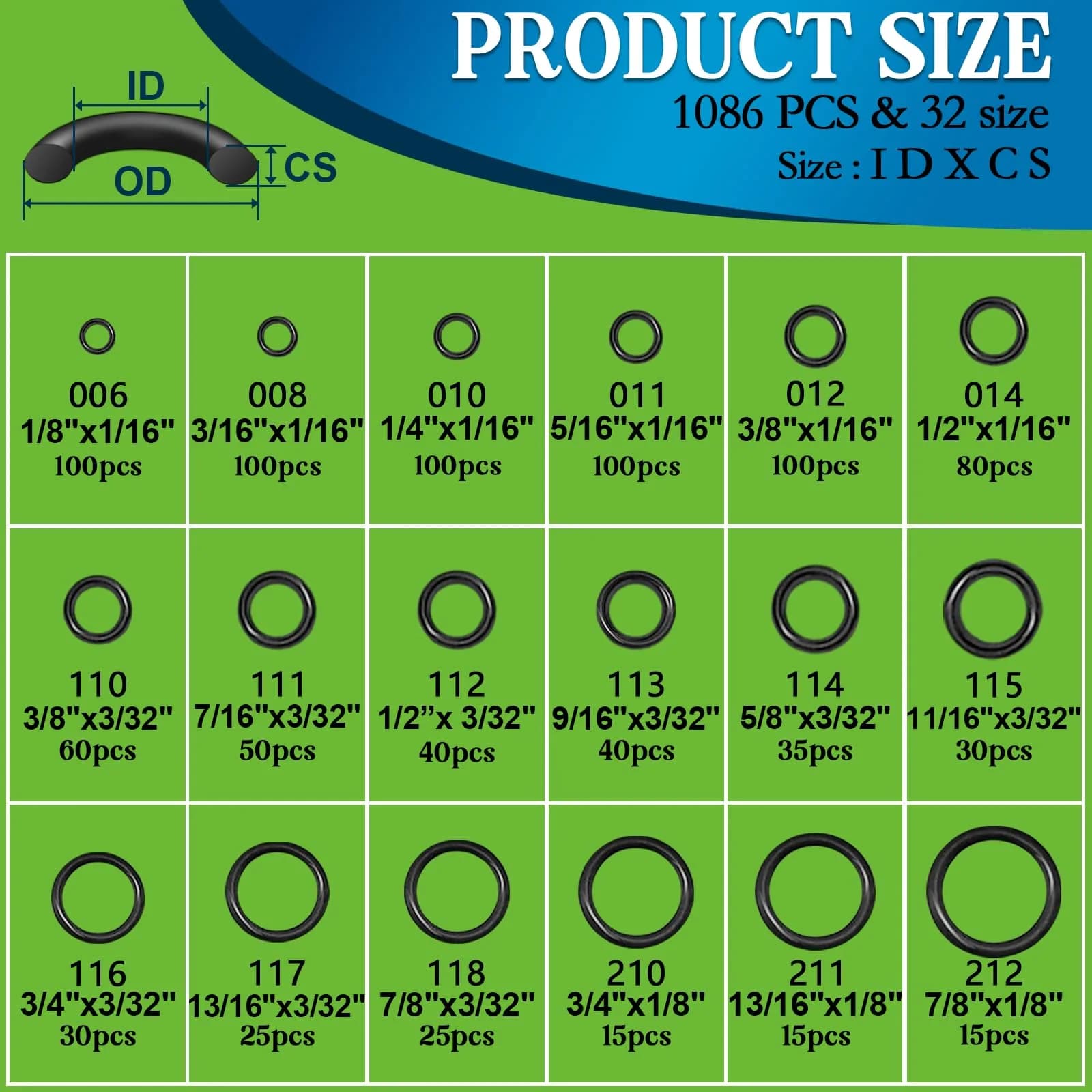 ZDBB 1086 Pcs SAE Nitrile Rubber O-Ring Kit with Pick Tool | 32 Sizes Inch ID: 1/8”-2”, Width: 1/16"-1/8" - view 3