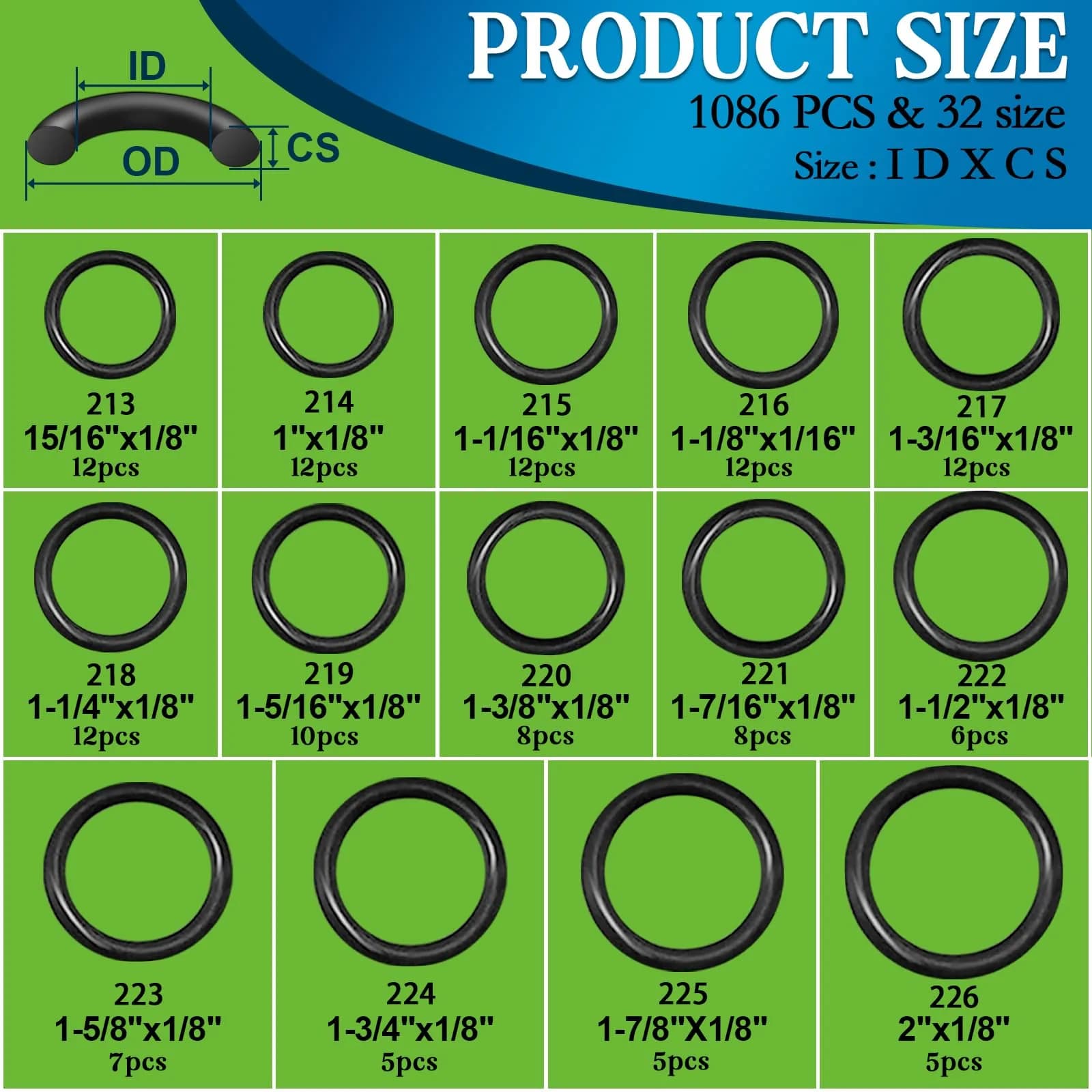 ZDBB 1086 Pcs SAE Nitrile Rubber O-Ring Kit with Pick Tool | 32 Sizes Inch ID: 1/8”-2”, Width: 1/16"-1/8" - view 4