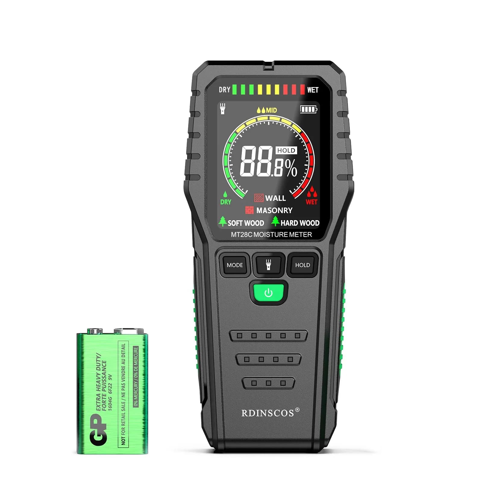 RDINSCOS Pinless Moisture Meter for Walls & Floors | 19mm Deep Detection — Red_green