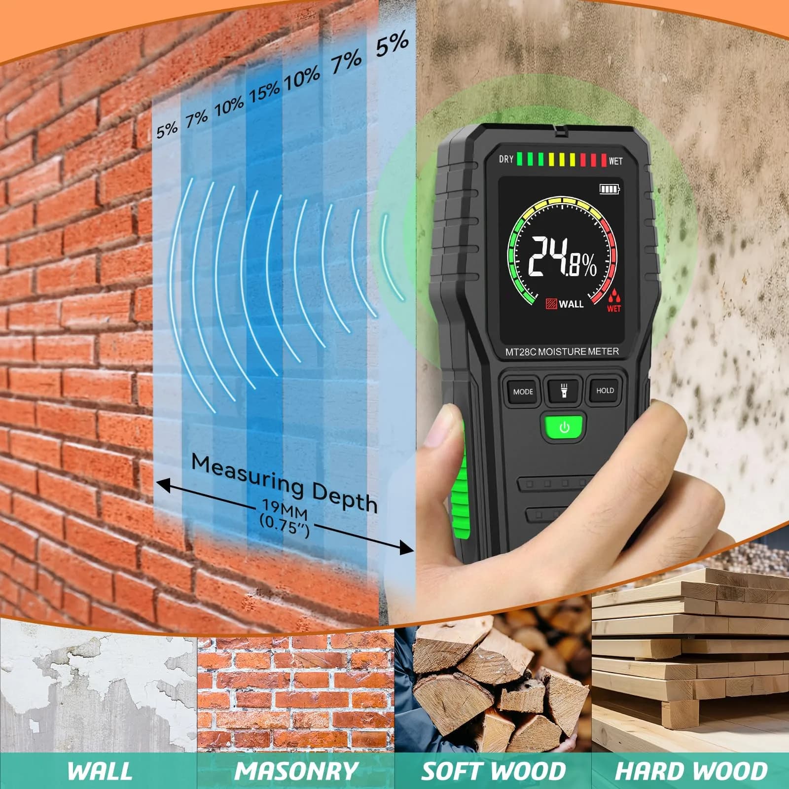 RDINSCOS Pinless Moisture Meter for Walls & Floors | 19mm Deep Detection - view 3