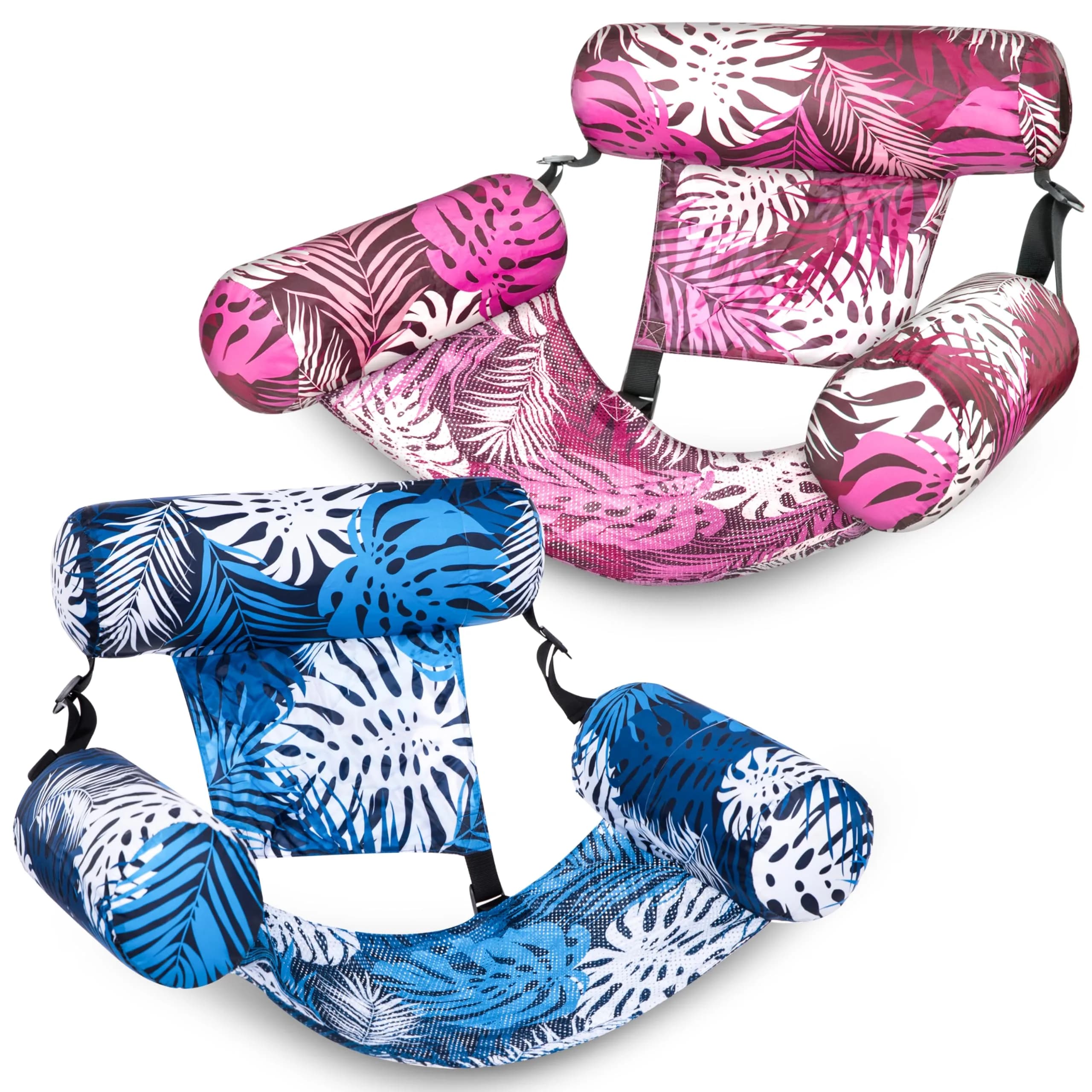 Sloosh Inflatable Pool Floats Adult 2-Pack | Tropical Leaves Pink Blue | 76cm x 41cm x 61cm (30"x16"x24") - main product image