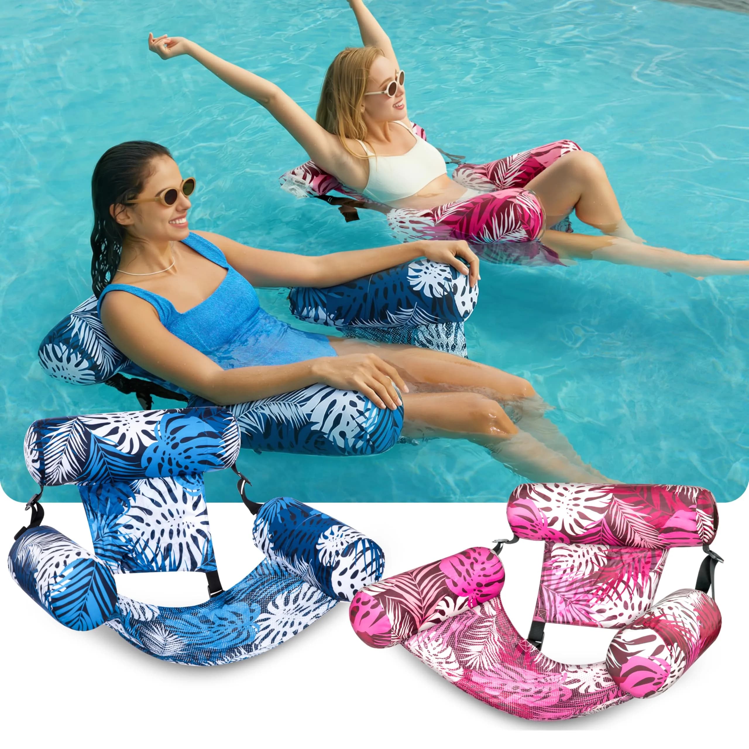 Sloosh Inflatable Pool Floats Adult 2-Pack | Tropical Leaves Pink Blue | 76cm x 41cm x 61cm (30"x16"x24") - view 2